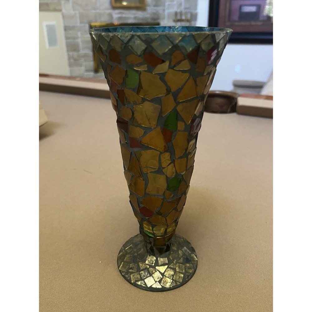 Mosaic Glass Footed Trumpet Vase Gold Blue Multicolor Decorative Freestanding - Picture 2 of 4
